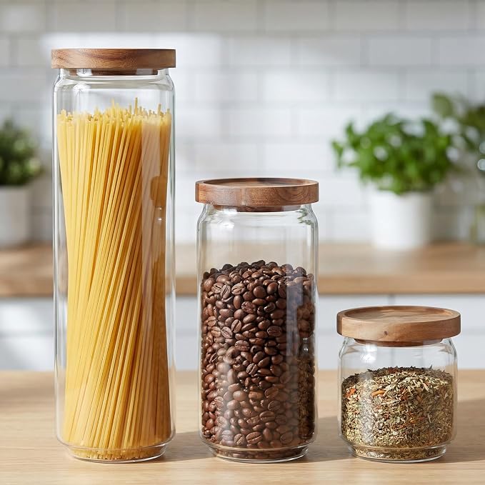 SiliFine 6 Set Glass Pantry Storage Jar with Acacia Airtight Lid 3 Size Glass Storage Container Jar for Pasta Spaghetti Cereal Coffee Bean Flour Sugar Rice, 17oz, 35oz, 53oz (Wood Lid) - Image 7