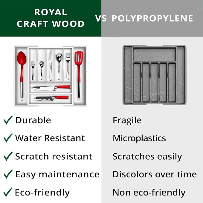 ROYAL CRAFT WOOD Luxury Bamboo Kitchen Drawer Organizer - Silverware Organizer - Utensil Holder and Cutlery Tray with Grooved Drawer Dividers for Flatware and Kitchen Utensils (9 Slot, White) - Image 9