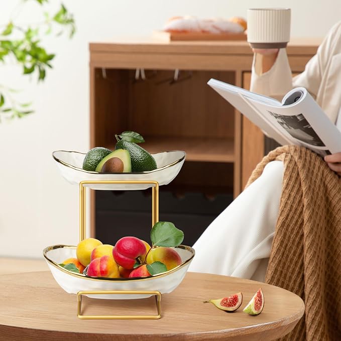 Fruit Bowl for Kitchen Counter, 2 Tier Fruit Basket for Counter, Ceramic Fruit tray, Tiered Holder with Metal Stand, Modern Detachable Rack for Vegetable Snack Dessert Storage (Gold&White) - Image 8