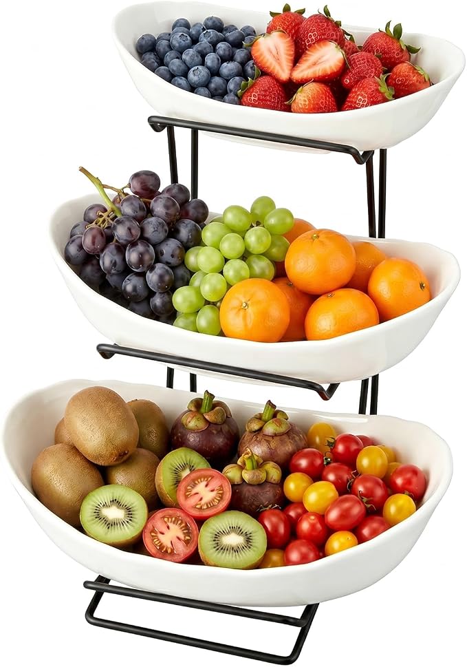 3 Tier Ceramic Fruit Basket for Kitchen Counter with Metal Stand, Fruit Bowls with Rack, Porcelain Bowls for Vegetable Bread Candy Snack Nuts Dessert Cake Tray - Image 9
