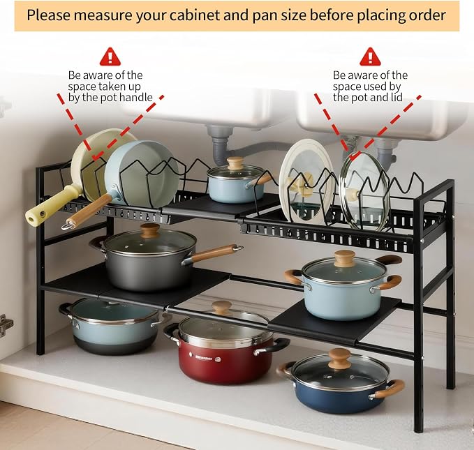 Pots and Pans Organizer Under Cabinet, Expandable Pots Organizers Inside Cabinet, Adjustable Height Under Sink Shelf 2 Tier with 10 Dividers Under Cabinet Shelf, Pot and Pan Lid Holder Rack (Black) - Image 7