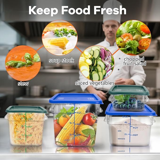 4 Pack Food Storage Containers with Blue Lids, 8.0 Qt - Square, Clear, Polycarbonate, for Restaurant Commercial Kitchen and Home party - Image 6