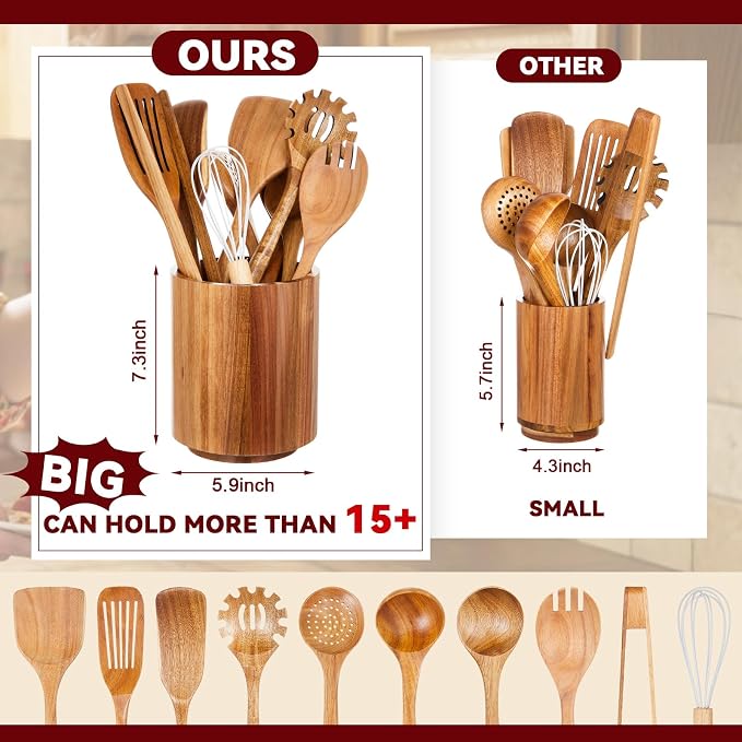 SiliFine 11 Pcs Wooden Kitchen Utensils Set with 360° Straight Rotating Holder Acacia Wood Cooking Utensils with Cooking Spoons Spatulas Nonstick Cookware Countertop Kitchen Decorations(Natural) - Image 7