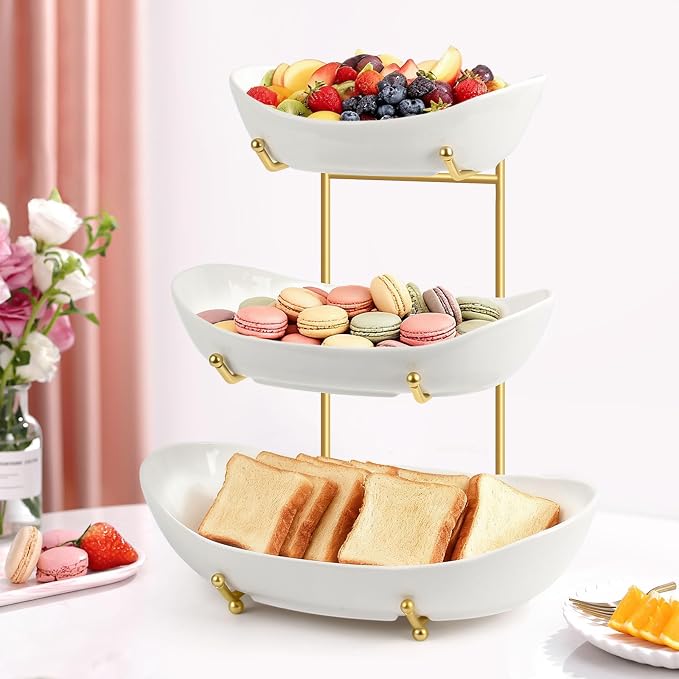 Fruit Bowl for Kitchen Counter Large, 3 Tier Fruit Basket for Counter, Ceramic Holder, Tiered Stand with Metal Stand, Detachable Rack for Fruit Vegetable Snack Dessert Storage (White) - Image 8