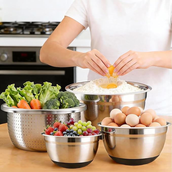 Stainless Steel Mixing Bowls Set with Lids & Silicone Base - 7-Piece Kitchen Gadgets Includes Colander, Grater, Egg Separator, Whisk - Nesting Bowls (1.5, 2, 2.5, 4.5 QT), Dishwasher Safe, Black - Image 8