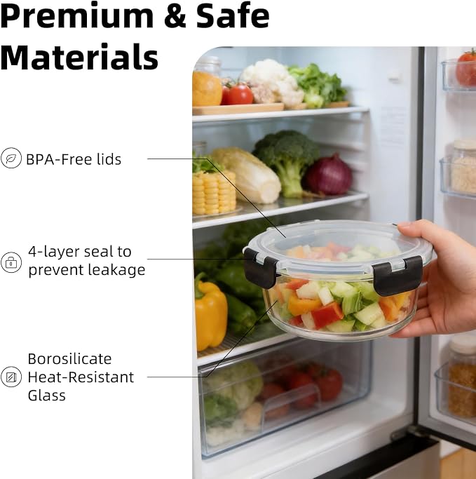 Konokyo 24 Pack Round Glass Food Storage Containers with Lids, 12 Pink + 12 Black, Airtight Leakproof Meal Prep Containers, BPA-Free, Microwave Oven Freezer & Dishwasher Safe - Image 7