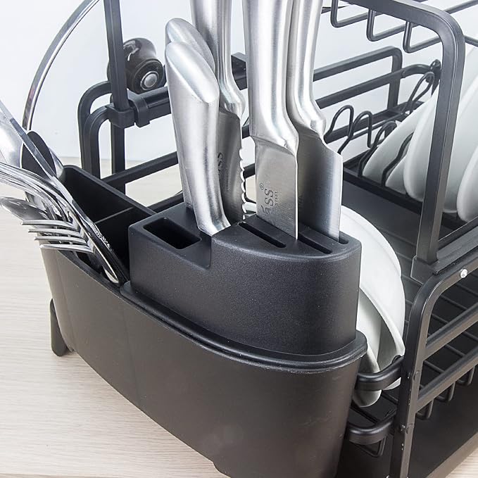 GMT-10353-A Black Aluminum Dish Drying Rack with Utensil Holder - 2 Tier Kitchen Countertop Rust Proof Dish Rack and Drainboard Set - Large Dish Organizer Rack - Image 9