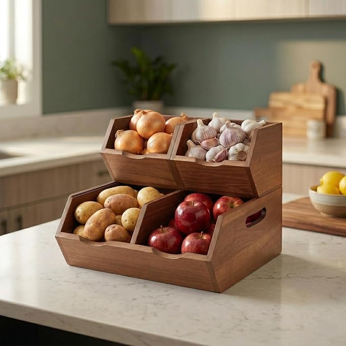 Acacia Pantry Storage Bins Set of 3, Stackable Potato Onion Wood Baskets | Open Front Vegetable and Produce Holders with Airflow, Grip Handles, Organizers for Kitchen Counter and Cabinet - Image 7