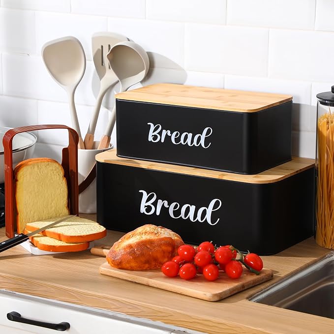 Teenyyou 2 Pcs Extra Large Bread Box with Slicer, Metal Bread Storage Container with Bamboo Cutting Board Lids, 2 Sizes Farmhouse Breadbox Set for Kitchen Countertop(Black) - Image 6