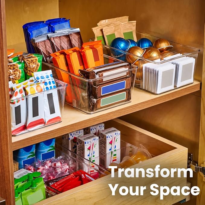 Oizeir Clear Pantry Organizer Bins 4-Pack - Fridge Organizer with 3 Removable Dividers - Kitchen Pantry Organizers & Storage - Storage Cabinet Snack - Image 6