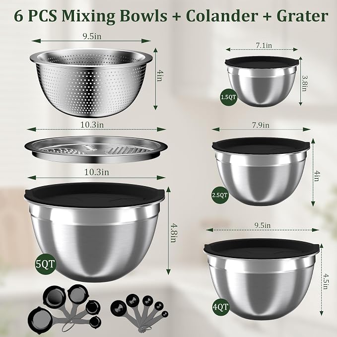 Nicdiet Mixing Bowls with Lids Set, 16PCS Stainless Steel Mixing Bowls,Nesting Storage Bowls for Kitchen with Mixing Bowl, Colander, Strainer & Grater, Metal Salad Bowl for Kitchen Gadgets, Black - Image 8