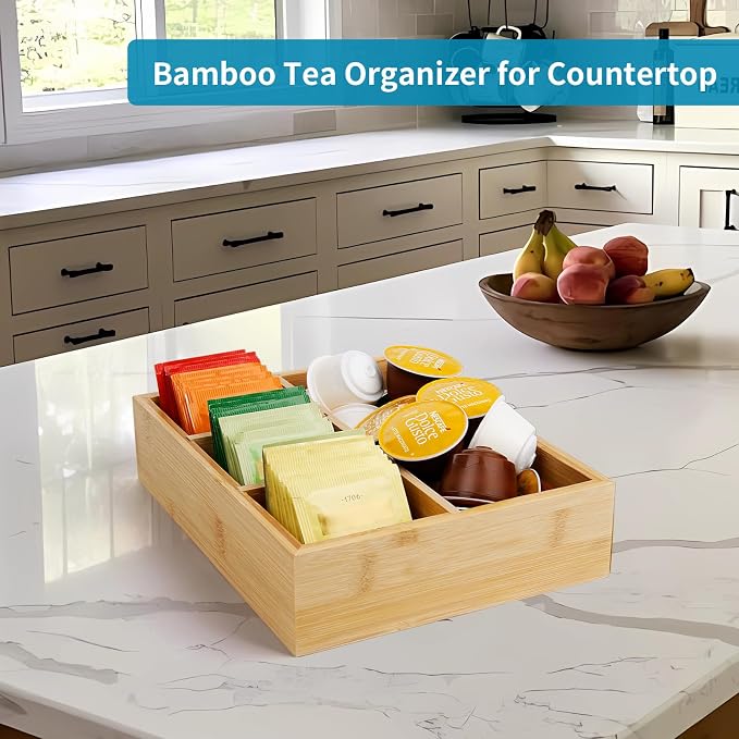 Tea Bag/Sugar Packet Holder,Coffee Station Condiment Organizer,Bamboo Tea Organizer,Large 4-Compartment Organizer Tray for Drawer/Shelf/Countertop,10.2 x 7.9 x 2.4 inch - Image 6