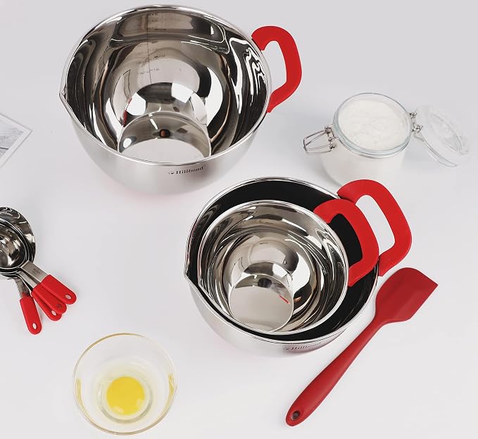 Hillbond Stainless Steel Mixing Bowls with Lids Set, Set of 3, Red | mixing bowl with Pour Spout, Silicone Handle, Non-Slip Bottoms, Dishwasher Safe, Metal Mixing Bowls for baking - Image 6