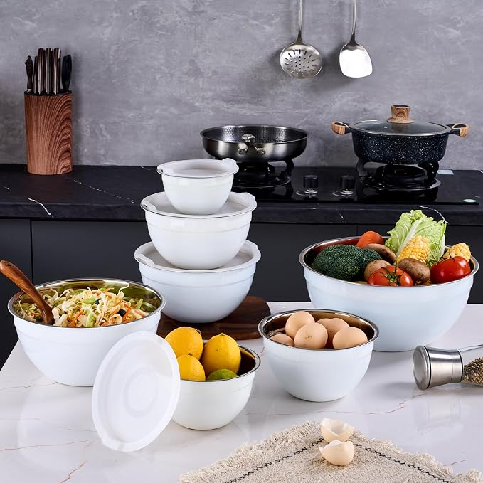 White Mixing Bowls With Airtight Lids,Stainless Steel Bowl,Salad Bowls 7 Piece Colorful Nesting Bowl White Kitchen Accessories,Size 7,3.6,2.7,2.1,1.5,1.1,0.8QT Stackable Design - Image 9