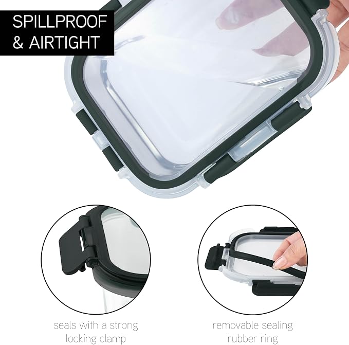 COOK WITH COLOR Premium 32-Pc. Borosilicate Glass Food Container Set with Dividers - 4 Rectangles, 8 Rounds, 4 Squares - Leakproof Lids - Meal Prep, Storage, Ombre Black - Image 6