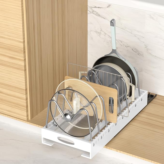 1 Pack | Adjustable Pots and Pans Organizer Under Cabinet with Drip Tray, Pull-Out Pot/Pan Lid Organizers Inside Cabinet, 20.5” Deep Carbon Steel Pan and Pot Racks with 9 Dividers for Countertop. - Image 8
