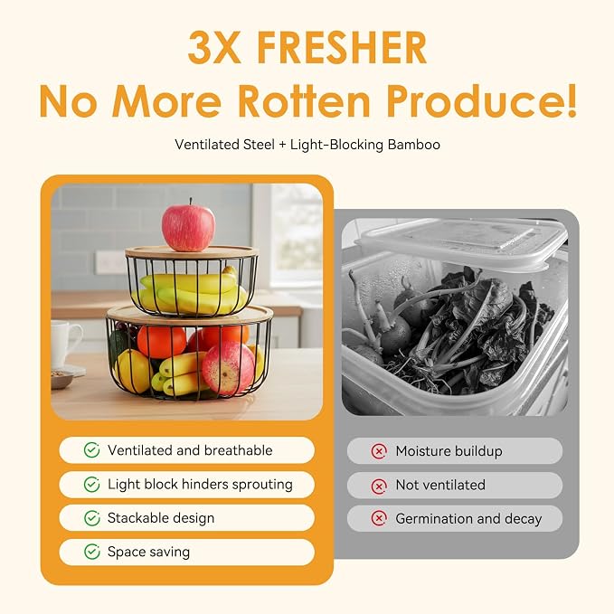 WELTOKE 3 Pack Fruit Basket For Kitchen Counter,Stackable Mesh Fruit Basket With Bamboo Lid,Large Fruit Bowl For Fruit And Vegetable Storage,Pantry Organizers - Image 8