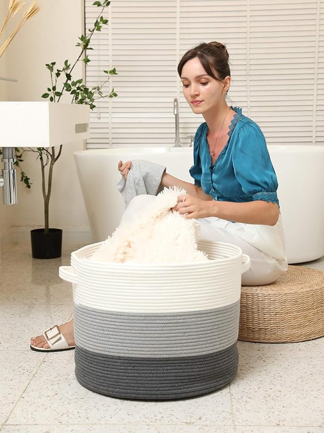 20x15 Inch Extra Large Round Cotton Rope Storage Basket with Lid, Decorative Woven Bin with Cover for Living Room Bedroom Closet, Grey & Dark Grey - Image 8