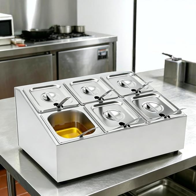 Telescoping Pizza Topping Station Condiment Container Food Prep Holder | 6 Pans & 6* Spoons Stainless Steel Container Set Ingredients Holder Spice Organizer Rack for Kitchen Pizza Oven Accessories - Image 9
