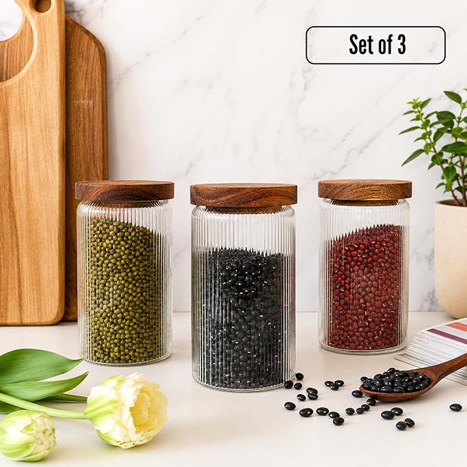 Mason & Fable Ribbed Glass Jars with Wooden Lid 27 fl oz- Set of 3 | Airtight Fluted Storage Container for Pasta, Coffee, Candy, Dog Treats, Snacks | Glass Organization Canisters for Home & Kitchen - Image 8