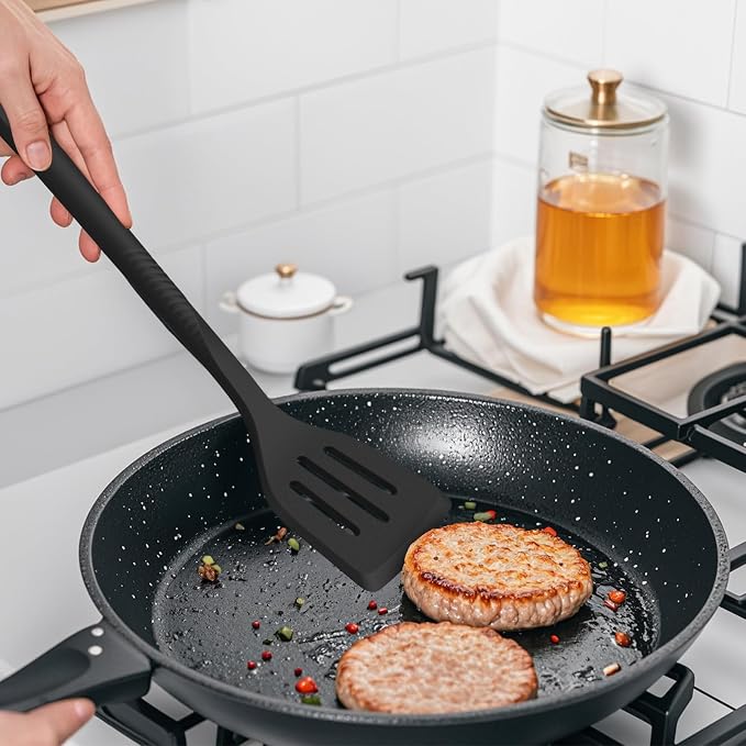 Silicone Cooking Utensils Set - 600°F Heat Resistant, Nonstick Kitchen Utensil Set with Spatulas, Spoons, Whisk, Tongs, BPA Free, Dishwasher Safe, Black - Image 9