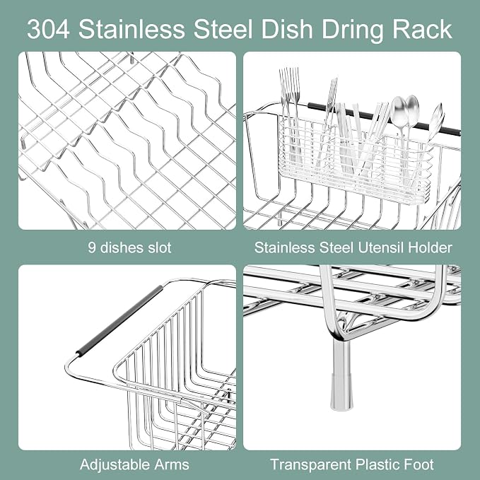 JAQ Over Sink Dish Drying Rack for Medium to Large Sink, Expandable 15.08"–22.4", Adjustable 304 Stainless Steel Dish Drainer with Utensil Holder, Large Capacity Holds Up to 13 Plates - Image 7