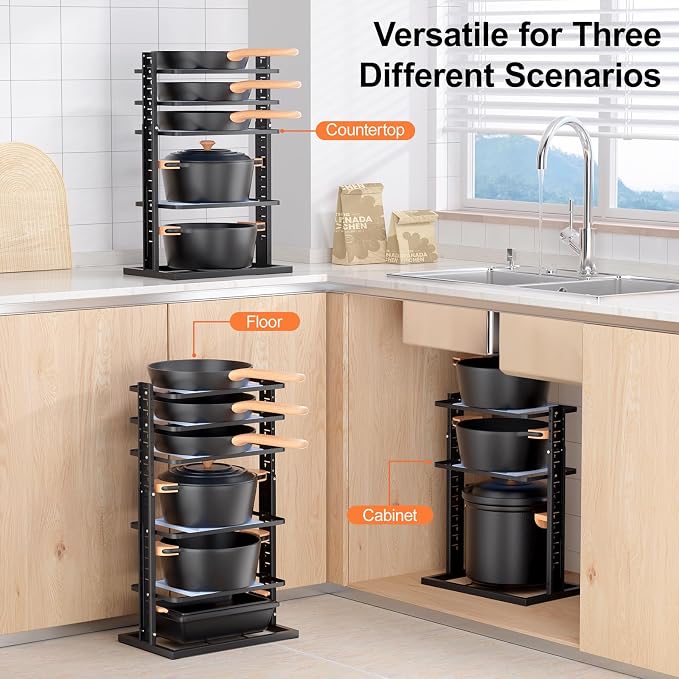 LAMU Pots and Pans Organizer for under Cabinet, 6-Tier Heavy Duty Pan Pot Organizers inside Cabinet Adjustable 14 to 24.57", Pot Rack Kitchen Cabinet Organization and Storage Holds up to 12" Cookware - Image 6