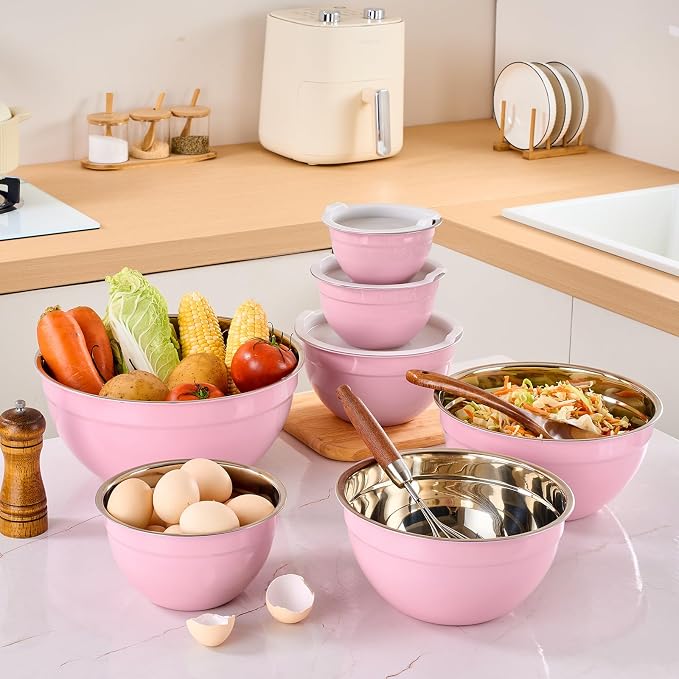 Pink Mixing Bowls with Airtight Lids, Stainless Steel Nesting Mixing Bowls Set of 7, Ideal for Baking, Prepping and Serving Food, Size 7, 3.6, 2.7, 2.1, 1.5, 1.1,0.8 QT, Stackable Design - Image 9