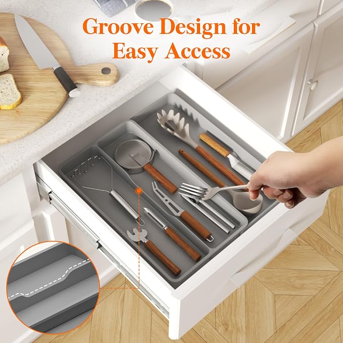 Lifewit Utensil Organizer for Kitchen Drawer, Expandable Cooking Silverware Tray, Adjustable Cutlery Flatware Holder, Plastic Spatula Tools Storage Divider, 14.4 x 15.8", Gray - Image 8