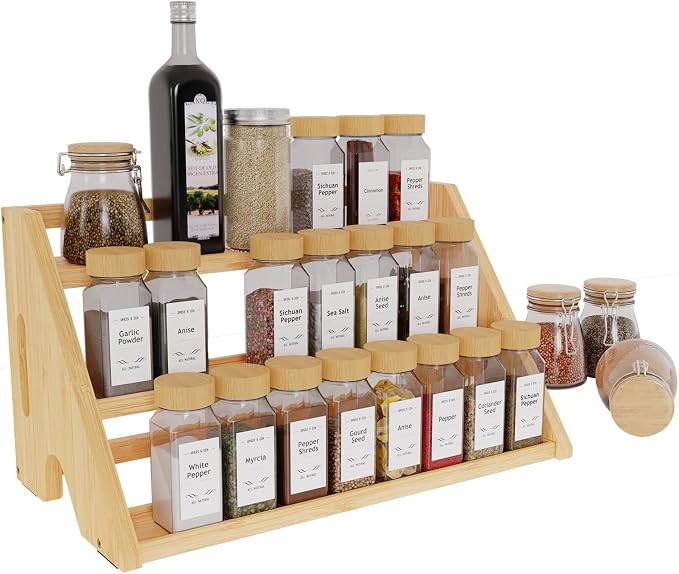 Bamboo Spice Rack Organizer -3-Tier Spice Rack for Countertop,Cabinet Spice Rack Organizer for 24 Spice Jars(4oz),Step Shelf (yellow) - Image 8
