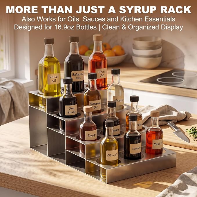 Novabright 4 Tier Coffee Syrup Rack Organizer, Stainless Steel Syrup Bottle Holder, 12 Bottles Storage Organizer for Coffee Bar, Wine Rack, Commercial Use, Home, Kitchen, Spices, 20" D x 12" W x 8" H - Image 7