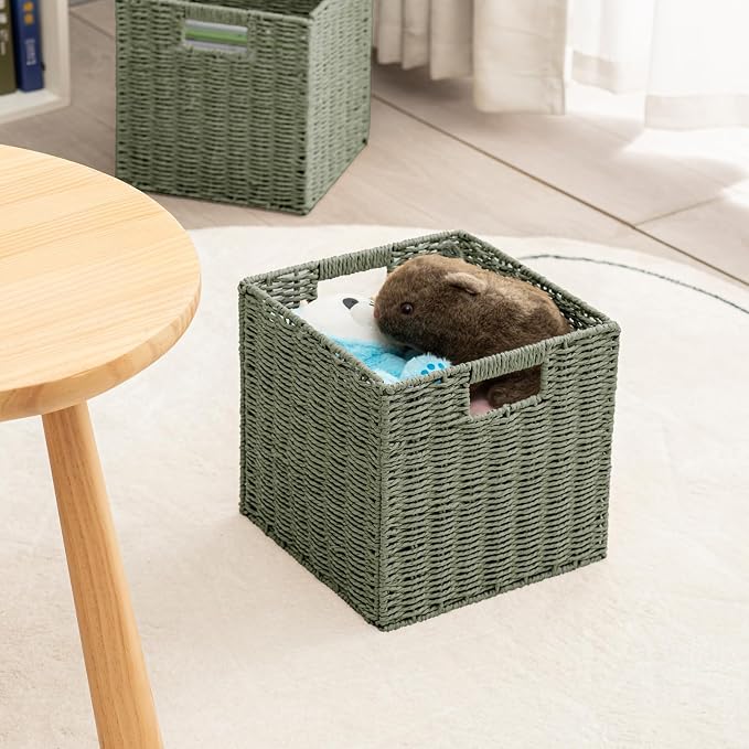 Handwoven Paper Woven Cube Basket Organizer with Handles set of 4 Foldable Storage baskets for Bedroom Living Room Cubby Storage Units for Clothes Books Toys (Green, 13" L x 13" W x 13" H) - Image 8