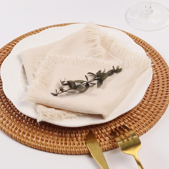 Handmade Cloth Napkins with Fringe,18 x 18 Inches Cotton Linen Napkins Set of 12 Versatile Handmade Square Rustic Fringe Napkins for Dinner, Wedding and Parties, Cream - Image 5
