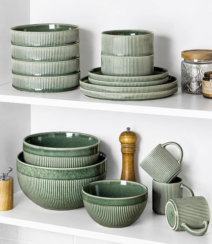 GBhome Ceramic Mixing Bowls Set of 3, Stoneware Nesting Serving Bowls, | 45/90/150 oz For Prep, Baking, Serving, Gift, Microwave and Dishwasher Safe, Ribbed Dishware Collection,Dark Green - Image 9