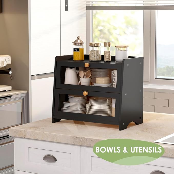 Double Layer Bread Box Container for Kitchen Countertop Homemade Bread | Large Breadbox Storage Wooden Farmhouse Bread Holder (Black, Large-16.54" L x 9.84" W x 14.96" H) - Image 7