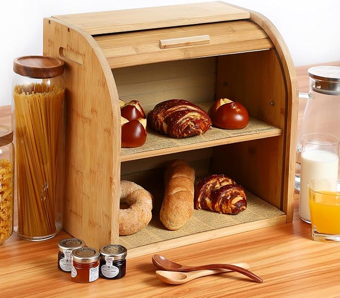 G.a HOMEFAVOR Bread Box, 2 Layer Bamboo Bread Boxes for Kitchen Food Storage, Large Capacity Bread Keeper Roll Top with Removable Layer, 15" x 9.8" x 14.2", 15 mm Thickness (Self-assembly) | Roll Top Bread Keeper with Removable Layer, Large Capacity, 1... - Image 6