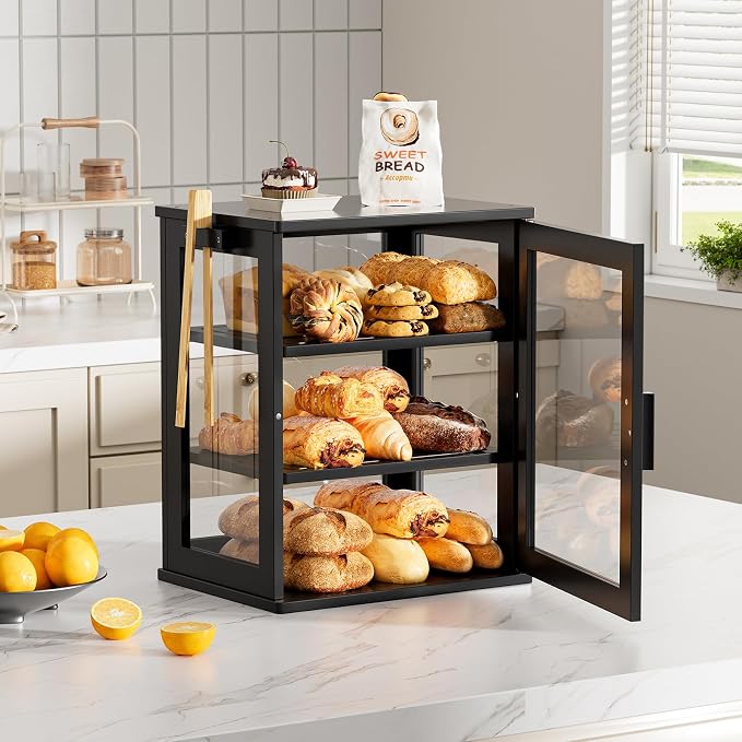 WOWLIVE Bread Box for Kitchen Countertop, 3 Layers Bread Storage Container | Large Bamboo Bread Bin for Homemade Bread with Window, Farmhouse Breadbox Organizer for Kitchen, Cabinet, Black, Meduim - Image 8