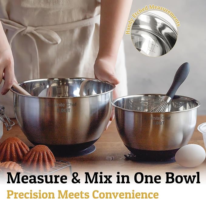 Mixing Bowls with Lids Set - Non-Slip, Airtight Warp-Proof TPR-AS Lids, Thicker Stainless Steel Bowls, Measurement Lines & 3 Graters, Prep Meal Bowl, Black Nesting Bowl for Kitchen, 5/3/2/1.5/0.63QT - Image 9