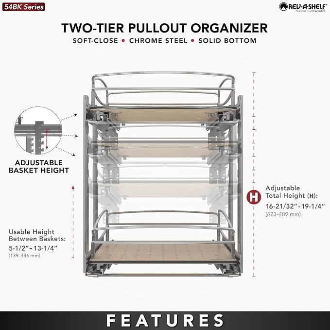 Rev-A-Shelf 2 Tier Pull Out Kitchen Cabinet Storage Organizer with Solid Bottom & Undermount Soft-Close Full Extension Slides, Min Opening Width of 20", 54BK-21SC-2-1 - Image 11