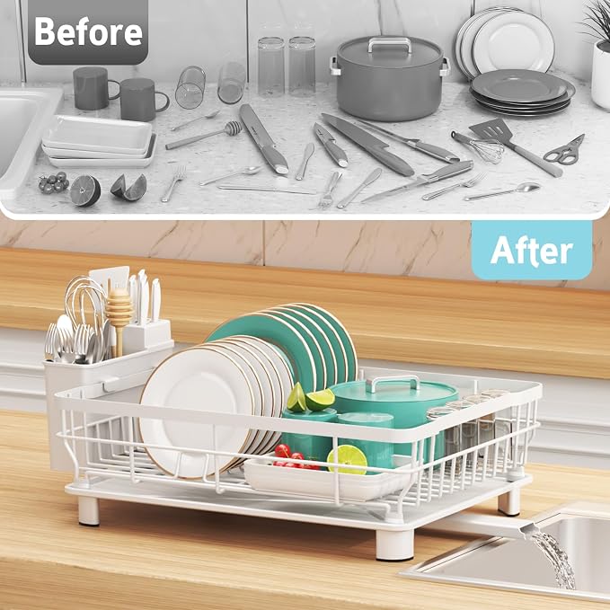 Dish Drying Rack - Space Saving Dish Rack - Dish Racks for Kitchen Counter with Drainboard,Rustproof Dish Drainer with Removable Utensil Holder,White - Image 7