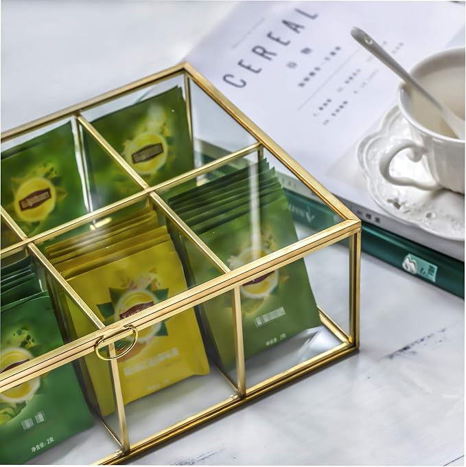 NCYP Glass Tea Bags Organizer with Lid, 8 Compartments Teabag Container, Indoor Counter Top Brass Display Case, 12" x 7.1" x 3.7" Teabag Storage Box, Gold Decor (Glass Box Only) - Image 9