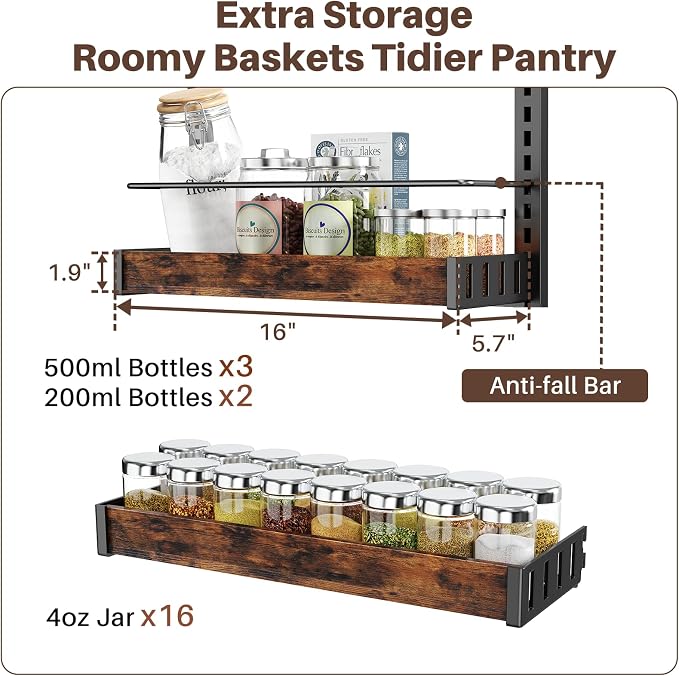 6 Tier Over The Door Pantry Organizer, 2 IN 1 Wall Mount or Metal Hanging Spice Rack for Pantry Organizers and Storage, Seasoning Shelves,Adjustable Basket with Hooks for Kitchen Cabinet and Closet - Image 9