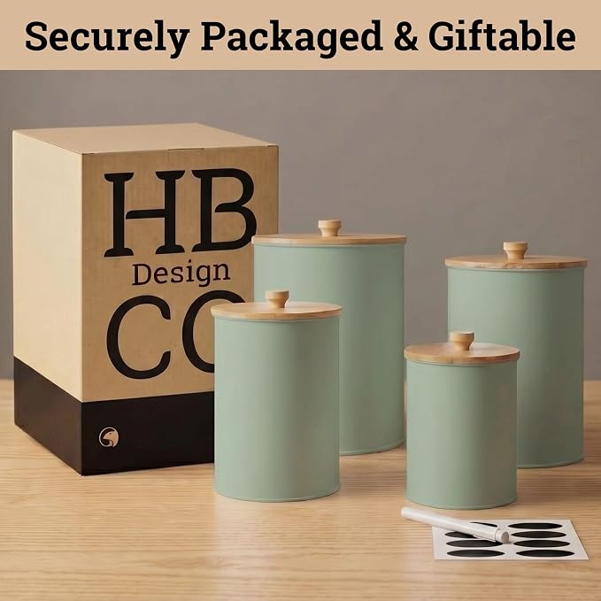 Kitchen Canisters for Countertop Set of 4 w/ Chalkboard Labels & Marker Pen | Airtight Easy Open Bamboo Lids, Dent-Resistant Thick Metal, Customizable Chalkboard Labels, Marker Pen Included, Set of 4 - Image 9