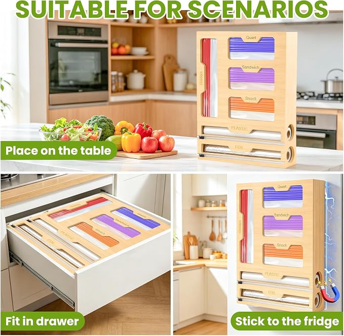 6-in-1 Magnetic Food Bag Storage Organizer for Drawer and Refrigerator, Bamboo Bag Organizer and Plastic Wrap Dispenser with Cutter, Fits Gallon, Quart, Sandwich, Snack Bags - Image 6