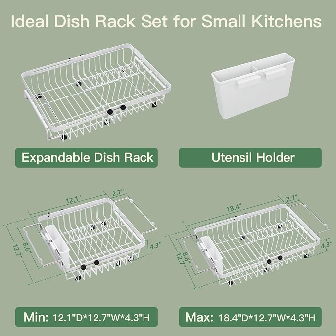 White Dish Drying Rack Over The Sink with Utensil Holder | Expandable Stainless Steel Dish Drainer for Small Kitchen, Apartment, RV, Counter Space Saving, Perfect Fit, Rustproof - Image 9
