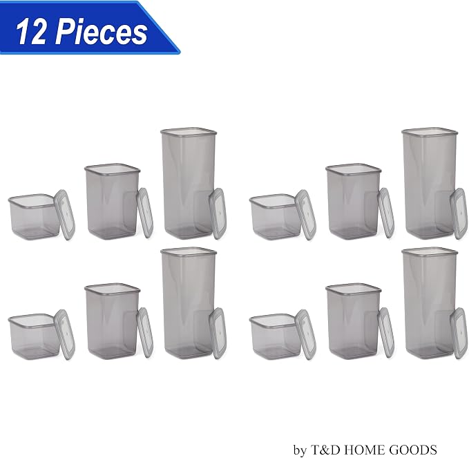T&D HOME GOODS Storage Jars with Lid, Airtight, Set of 12 Storage Containers, BPA-Free, Storage Container for Cereal, Flour, Kitchen, Practical Organiser Kitchen, (12, 3 Square diff size) - Image 9