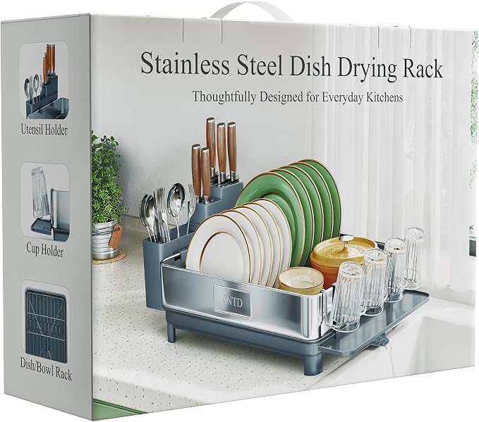 SNTD 304 Stainless Steel Dish Drying Rack for Small Kitchen Counter, Grey | Rustproof, Large Capacity, Heavy-Duty Frame, Rotating Spout, Angled Drainboard, Removable Cup & Utensil Holder - Image 9