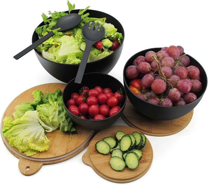 ECOWAY Salad Bowls Set of 3 with Seal Lid & Serving Utensils, Bamboo Fiber Mixing Bowls Set Large Serving Bowls & Storage Set with Bamboo Lid for Salad, Kitchen Eating, Pasta, Popcorn, Fruit, Black - Image 7