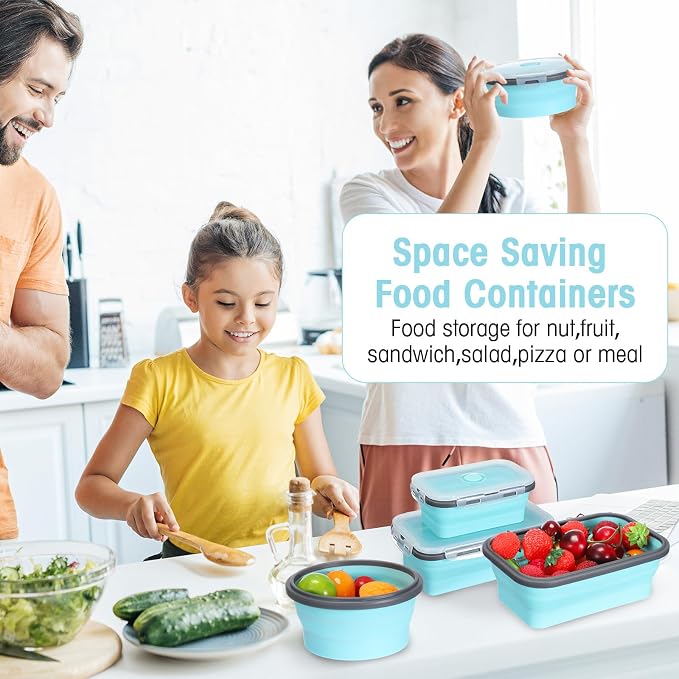 Yaomiao 16 Pack Collapsible Food Storage Containers with Lid Air Vent Foldable 8 Rectangle Storage Bowl and 8 Round Silicone Food Bow for Lunch Camping Rv Accessories Microwave Freezer(Gray, Blue) - Image 6