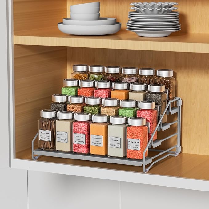 Spice Rack Organizer for Cabinet, Depth Adjustable 4 Tier Spice Rack,1 Pack | Silver, Metal Spice Organization for Cabinet, Easy Visibility, Tiered Spice Rack Perfect for Cabinet, Pantry and Countertop - Image 9